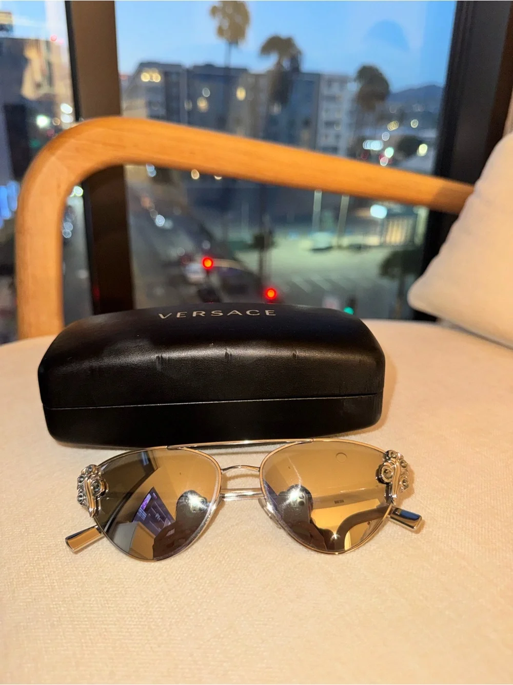 Versace Mirrored Cat Eye Sunglasses Crystal Studded Aviator Silver Frame